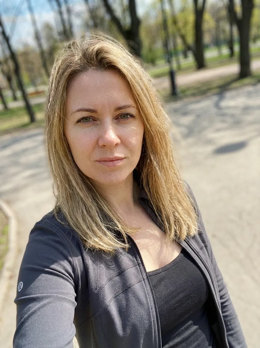 Original selfie input — blond woman in a dark jacket on a tree-lined path